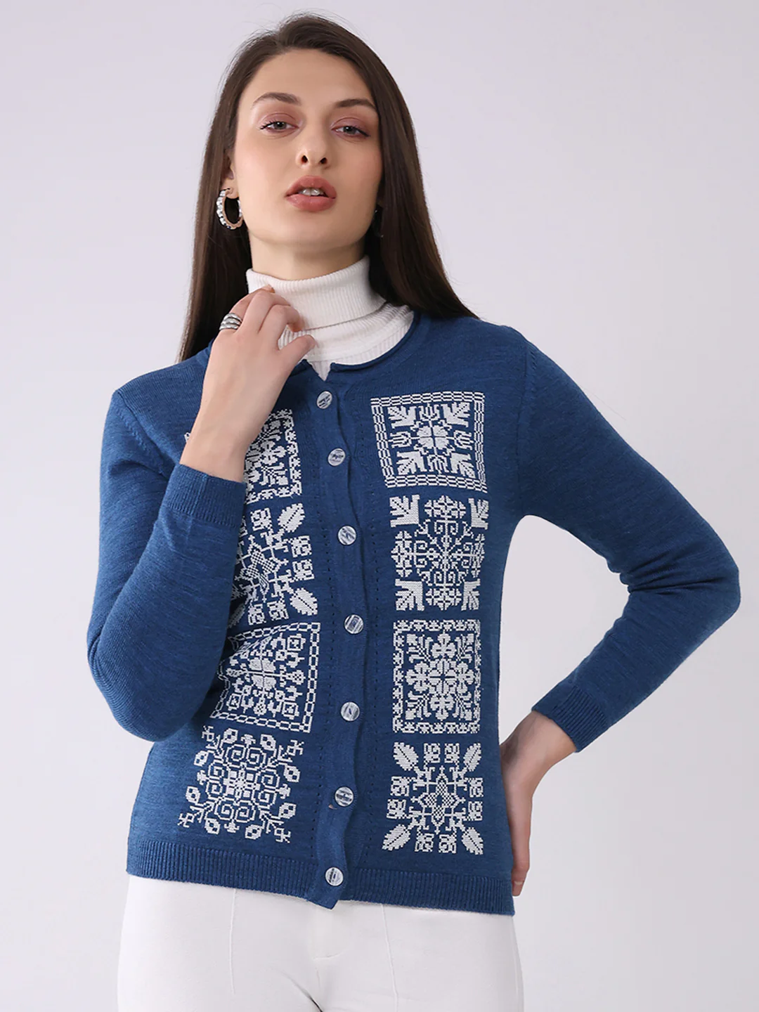 Women Blue Self Design Round Neck Full Sleeve Cardigan