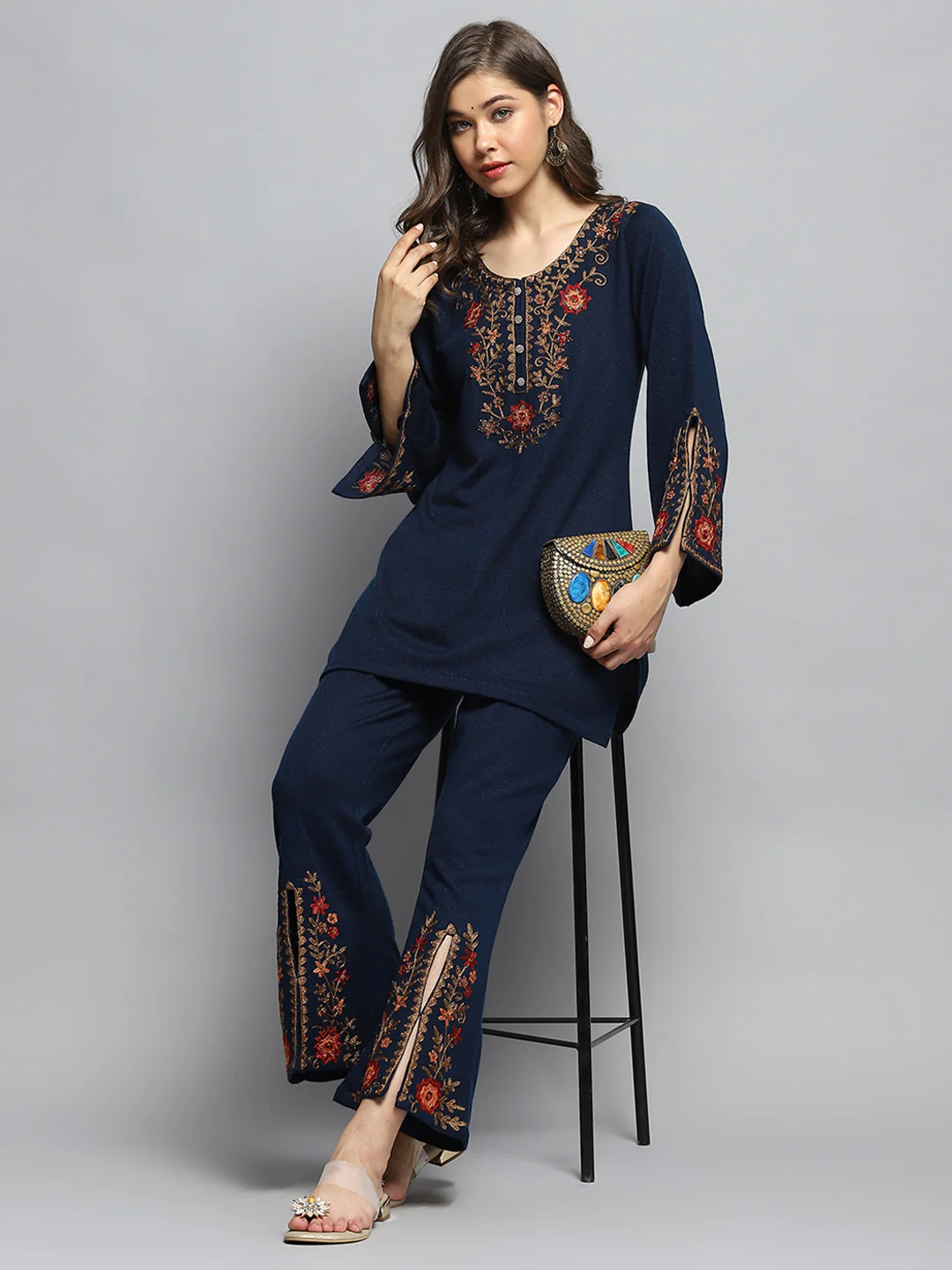 Women Blue Self Design Round Neck Full Sleeve Kurti Set - Image 2