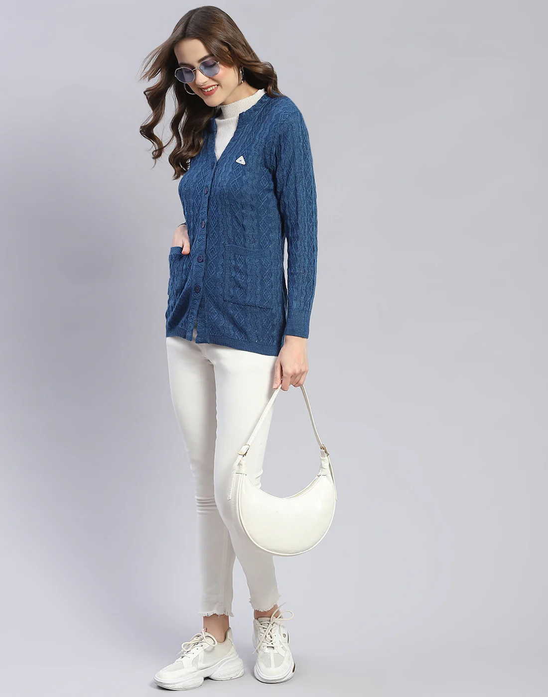 Women Blue Self Design V Neck Full Sleeve Cardigan