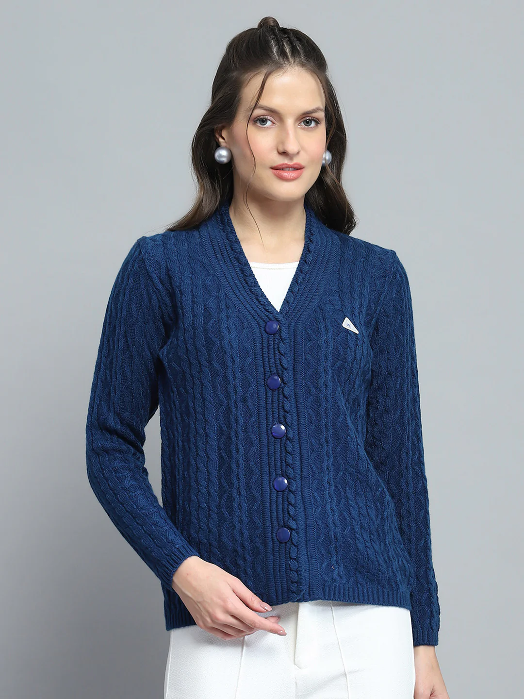 Women Blue Self Design V Neck Full Sleeve Cardigan