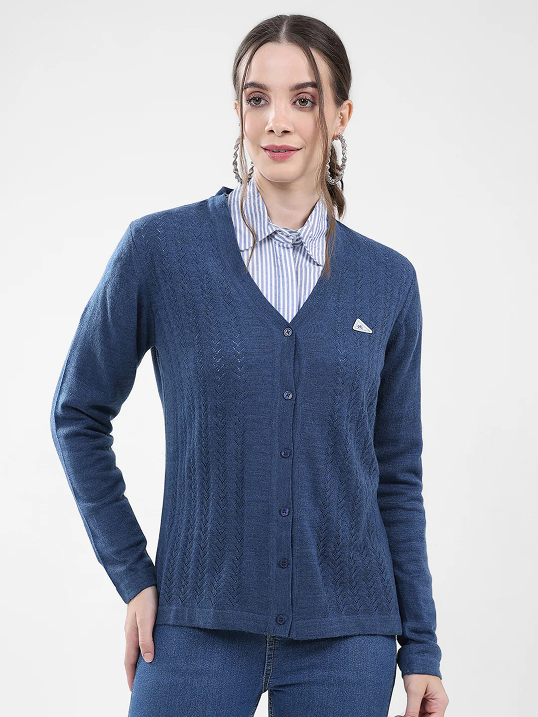 Women Blue Self Design V Neck Full Sleeve Cardigan