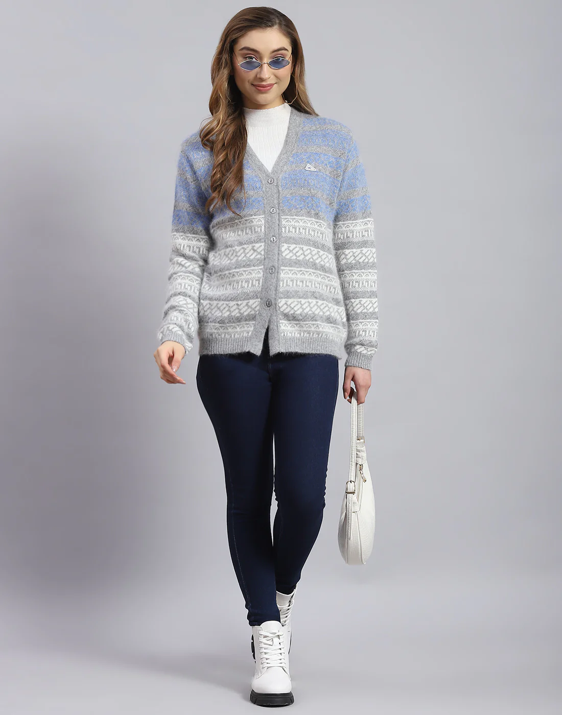 Women Blue Self Design V Neck Full Sleeve Sweater
