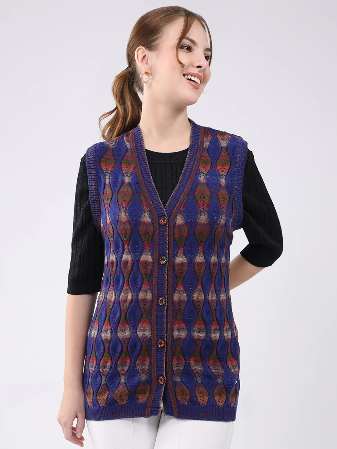 Women Blue Self Design V Neck Sleeveless Cardigan