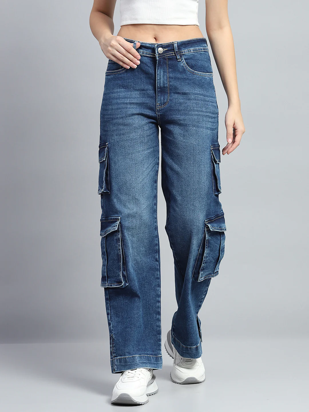 Women Blue Solid Regular Fit Cargo - Image 2