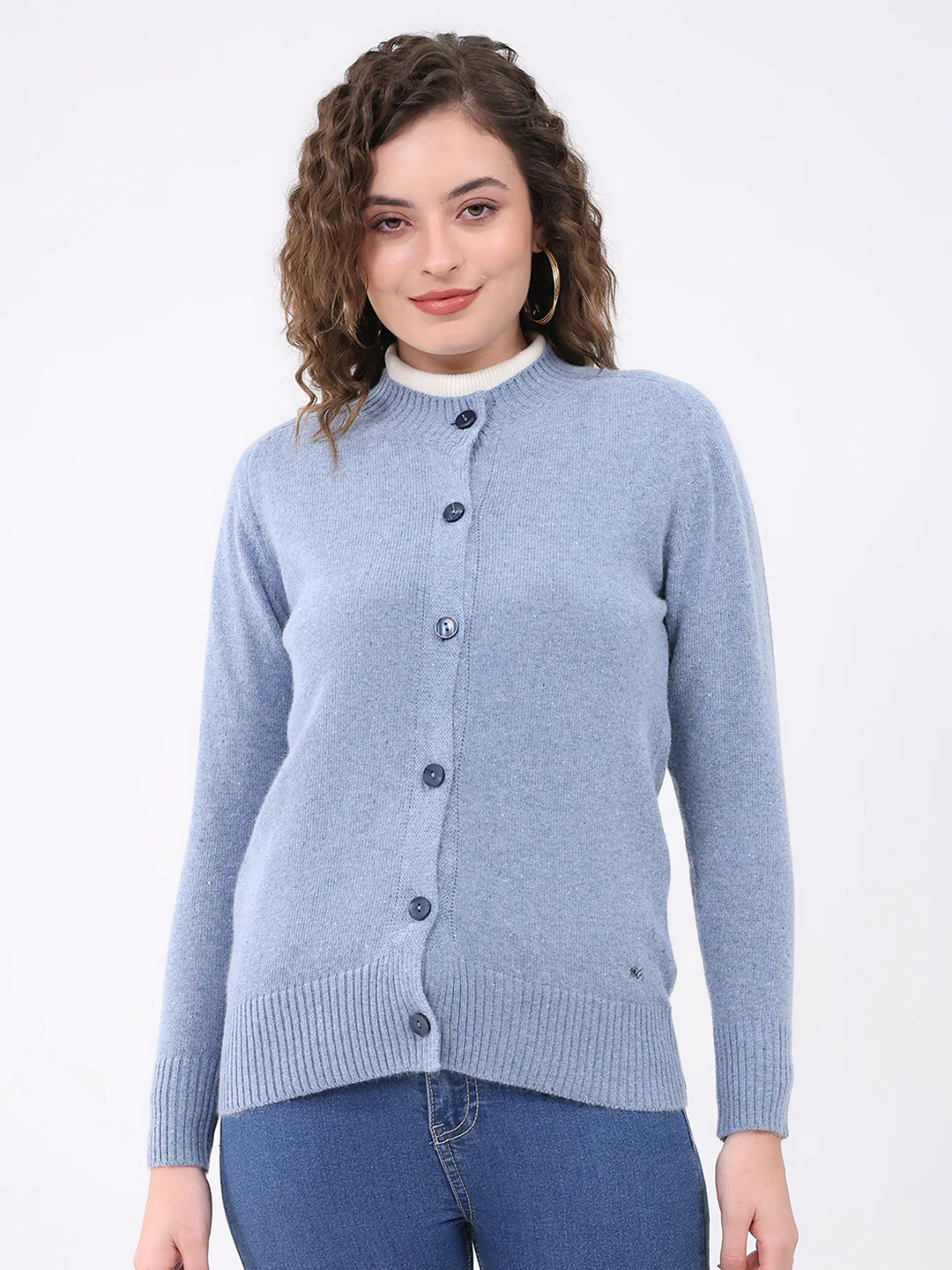 Women Blue Solid Round Neck Full Sleeve Cardigan