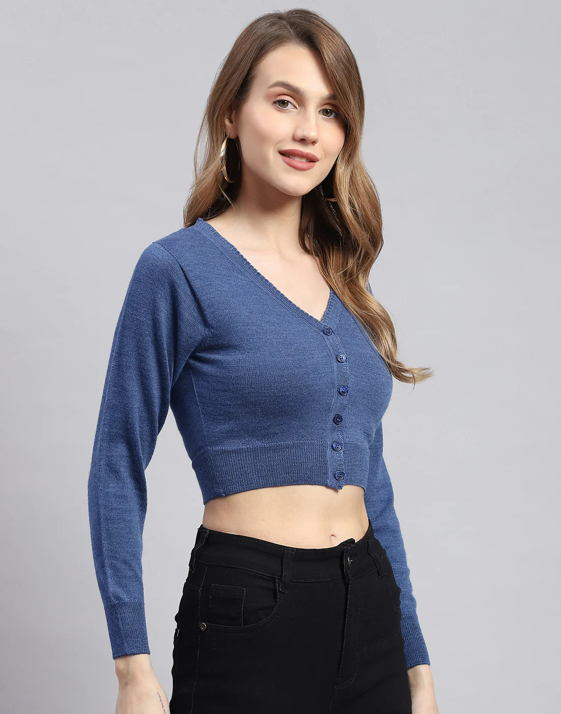 Women Blue Solid V Neck Full Sleeve Blouse - Image 2