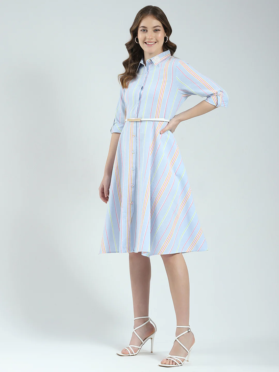 Women Blue Stripe Round Neck 3/4th Sleeve Dress - Image 3