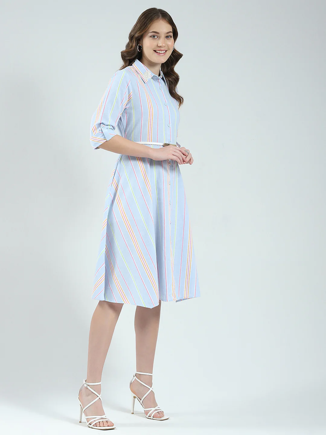 Women Blue Stripe Round Neck 3/4th Sleeve Dress - Image 4