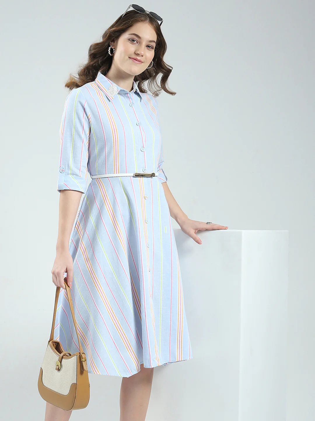 Women Blue Stripe Round Neck 3/4th Sleeve Dress - Image 6