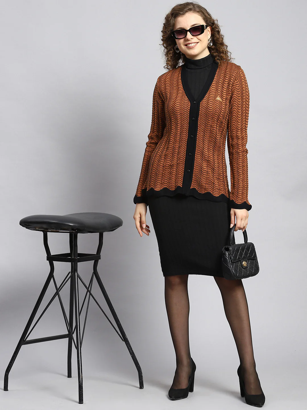 Women Brown Jaquard Cardigan