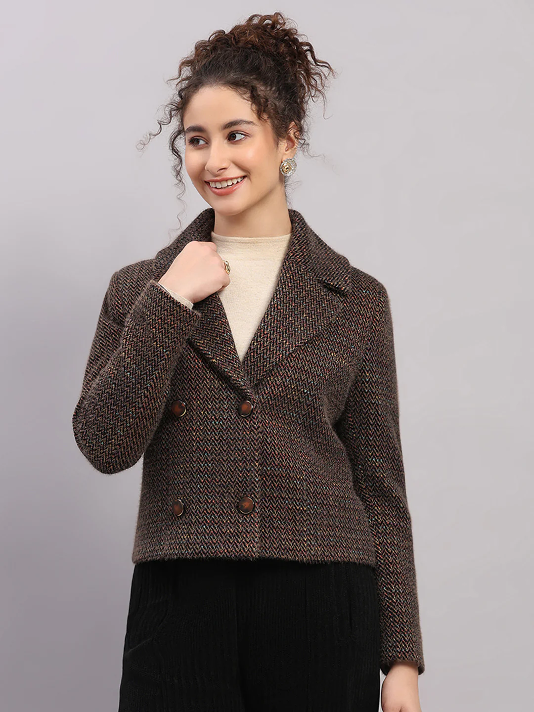 Women Brown Printed Collar Full Sleeve Coat