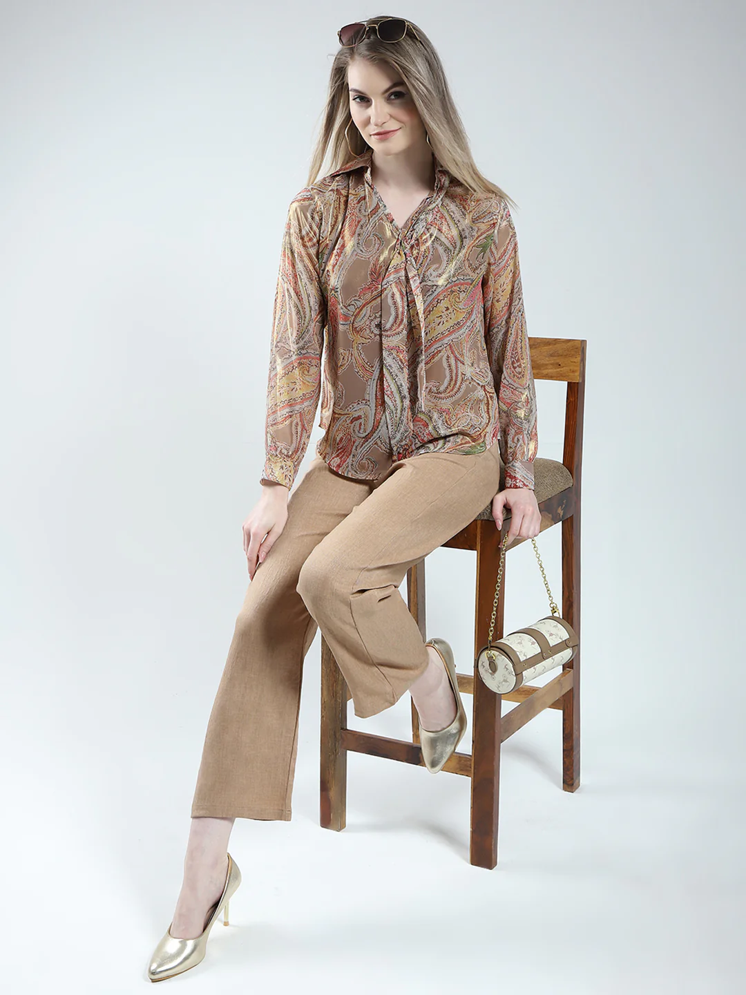 Women Brown Printed Collar Full Sleeve Cords Set - Image 2