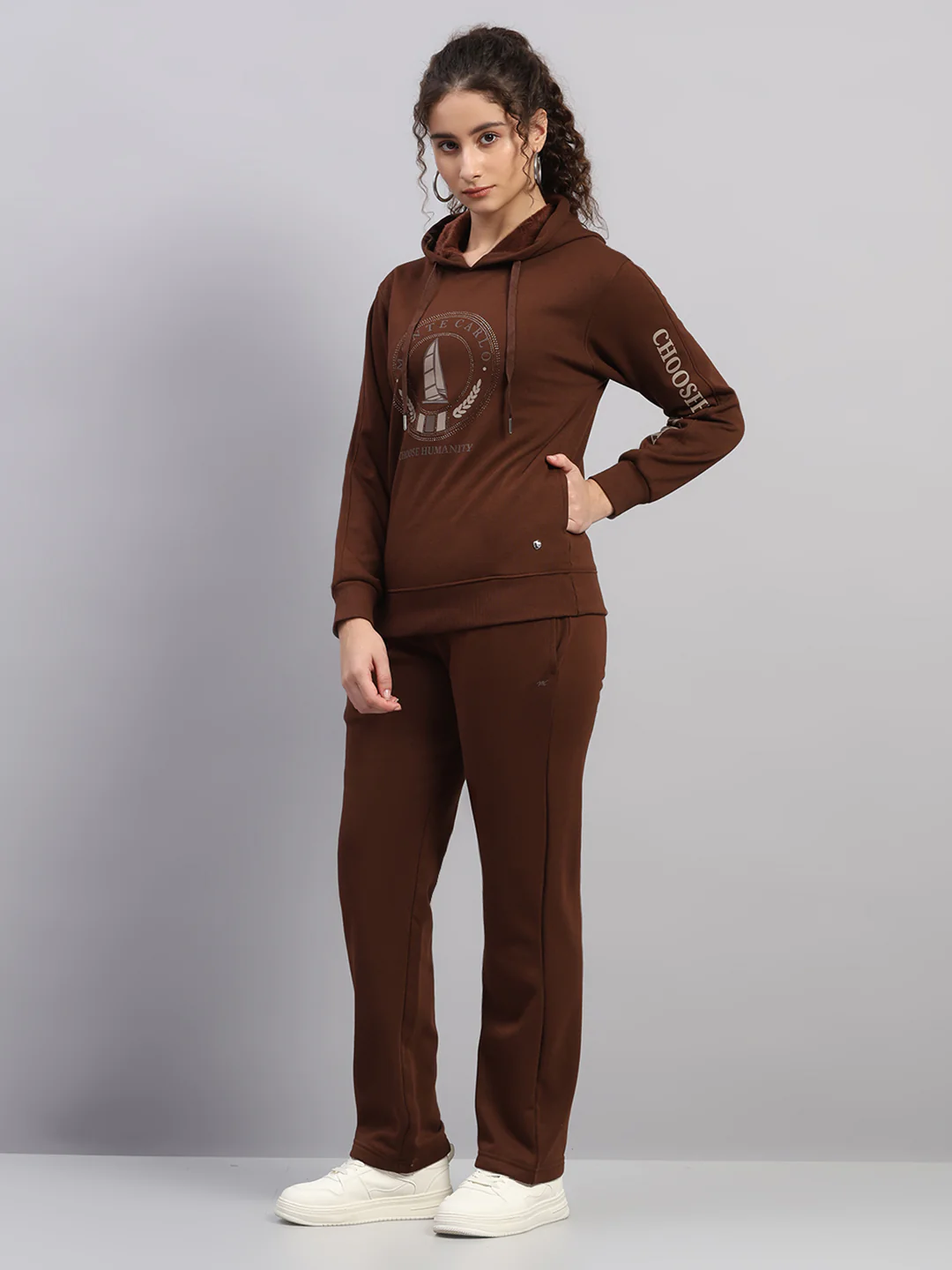 Women Brown Printed Hooded Full Sleeve Cords Set - Image 3