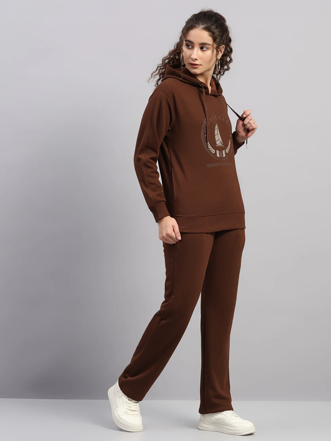 Women Brown Printed Hooded Full Sleeve Cords Set - Image 4
