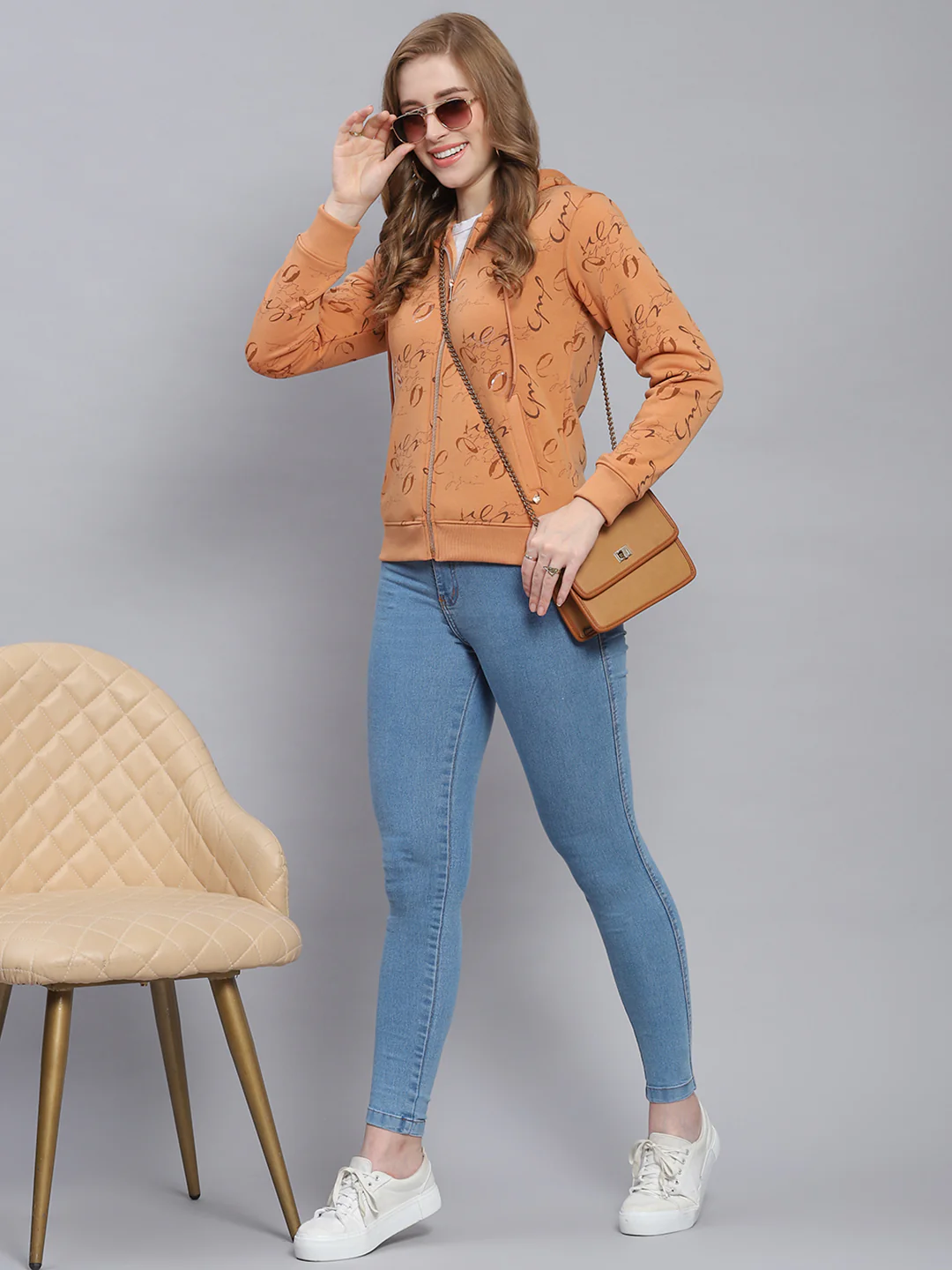 Women Brown Printed Hooded Full Sleeve Sweatshirts