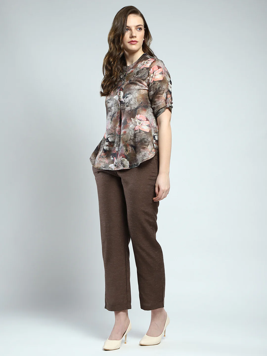 Women Brown Printed Round Neck 3/4th Sleeve Cords Set - Image 3