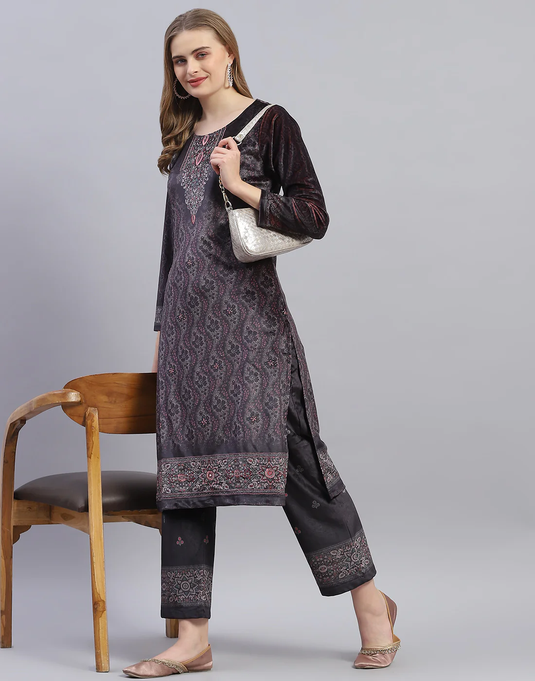 Women Brown Printed Round Neck Full Sleeve Kurti+Lower Set