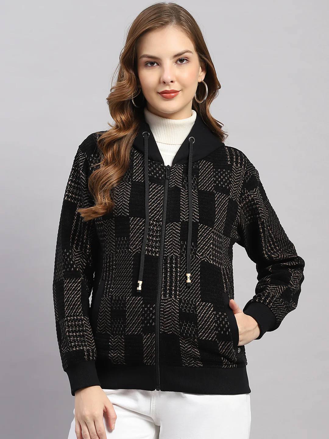 Women Brown Self Design Hooded Full Sleeve Sweatshirt