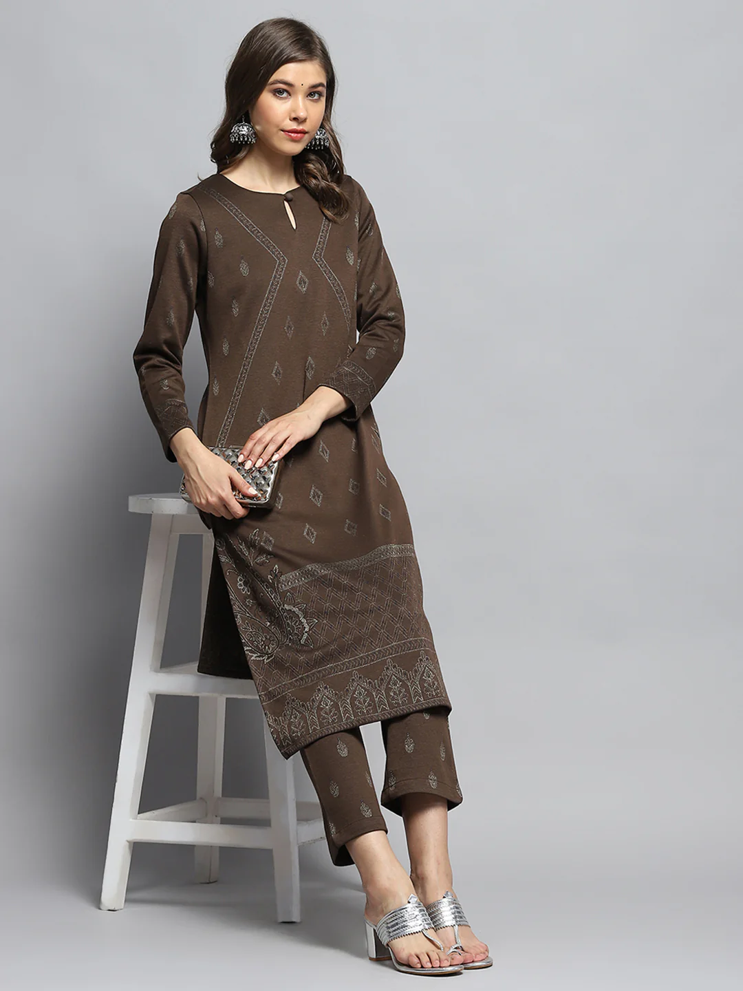 Women Brown Self Design Round Neck Full Sleeve Kurti Set - Image 2