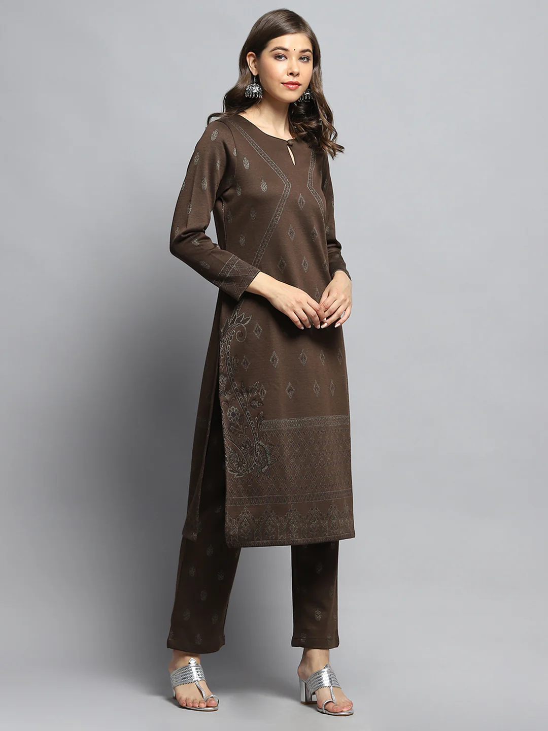 Women Brown Self Design Round Neck Full Sleeve Kurti Set - Image 4
