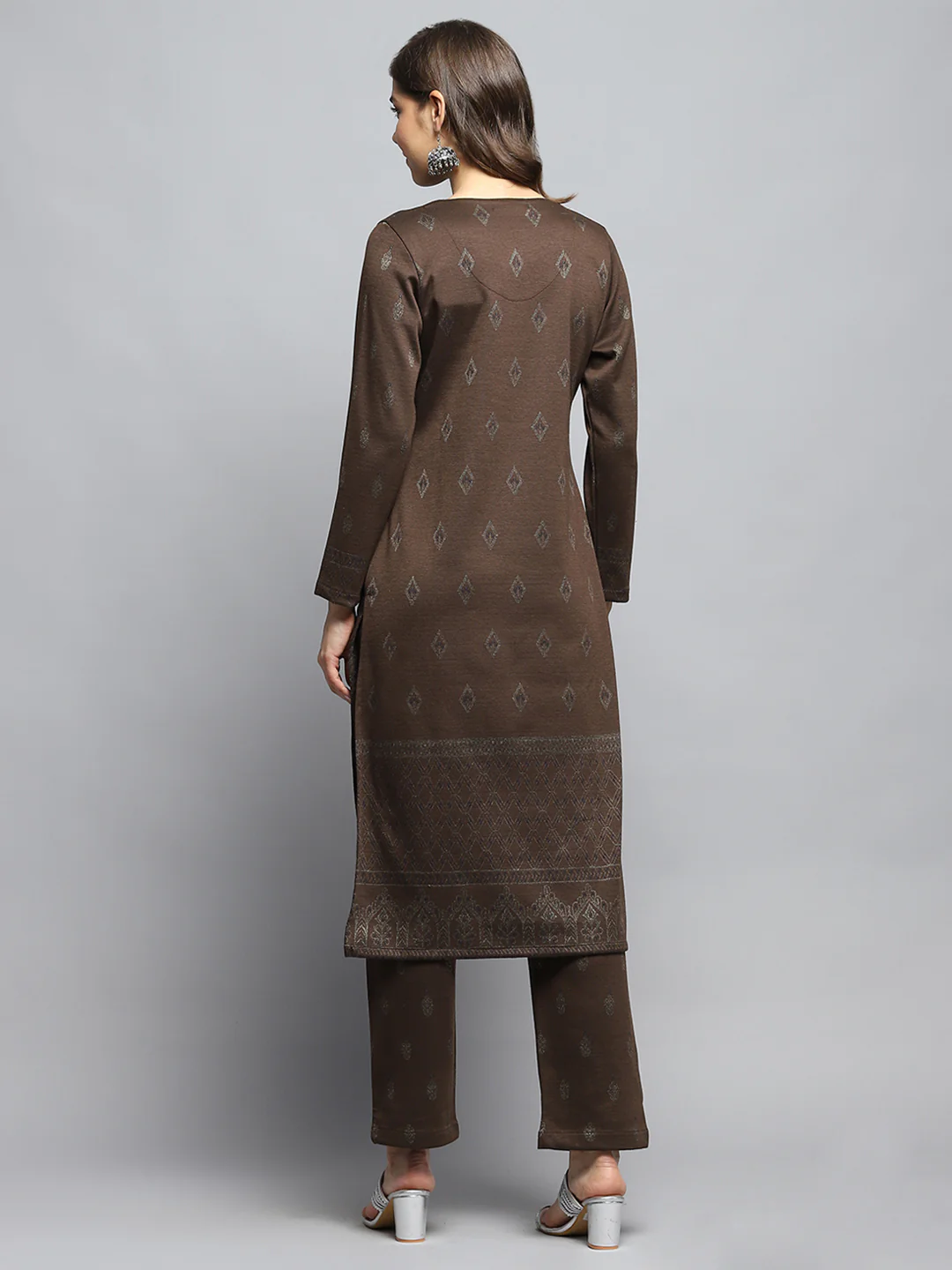 Women Brown Self Design Round Neck Full Sleeve Kurti Set - Image 5