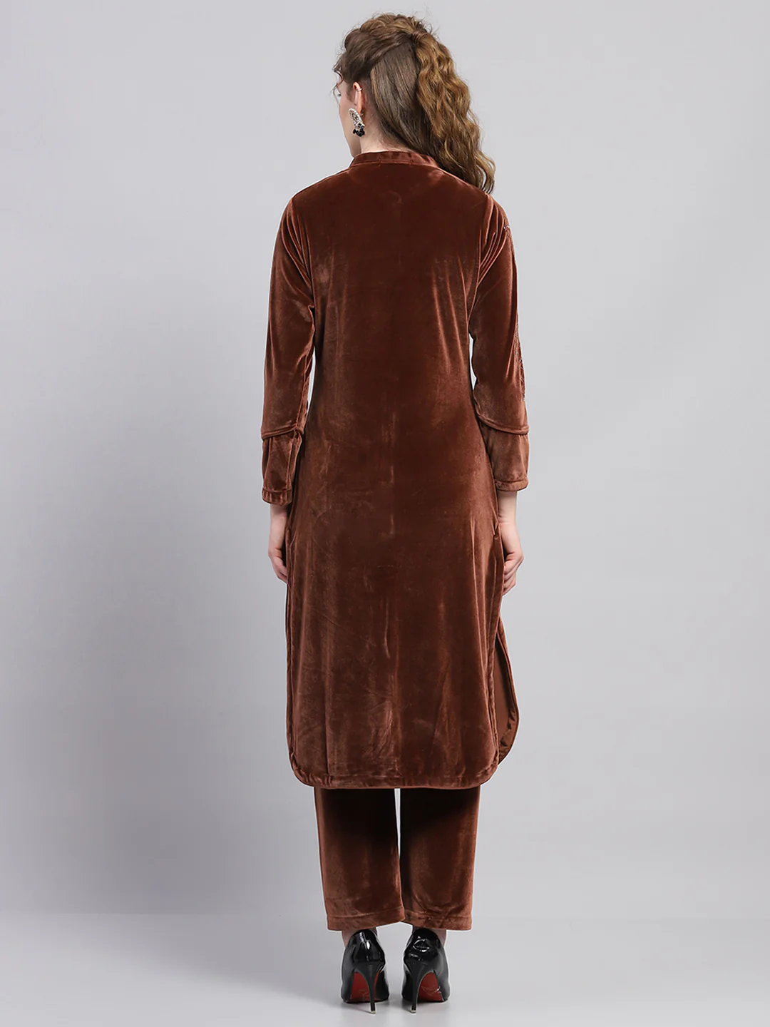 Women Brown Self Design Round Neck Full Sleeve Kurti Set - Image 5