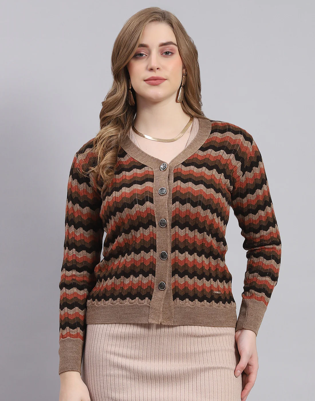Women Brown Self Design V Neck Full Sleeve Sweater