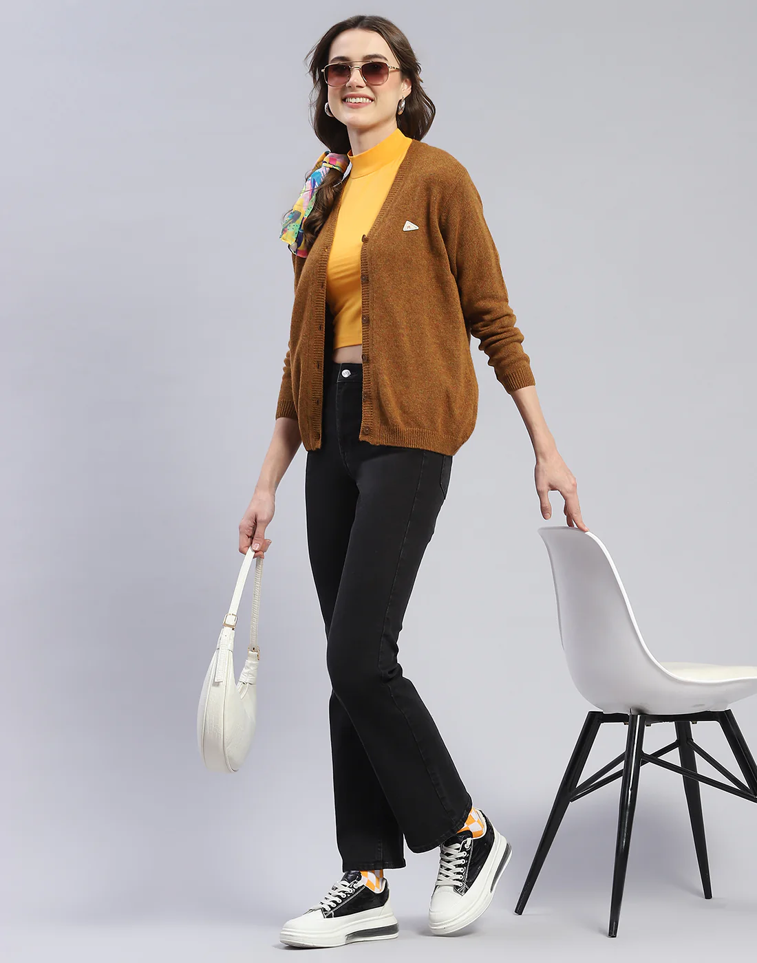 Women Brown Solid V Neck Full Sleeve Cardigan