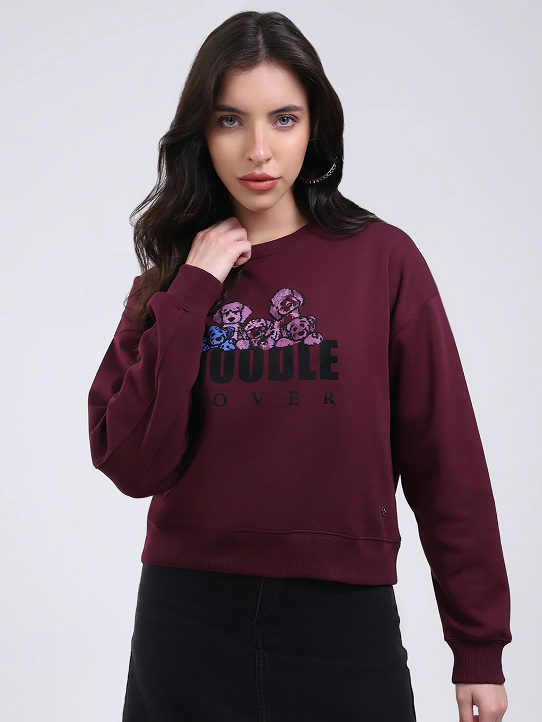 Women Burgundy Printed Round Neck Full Sleeve Sweatshirt