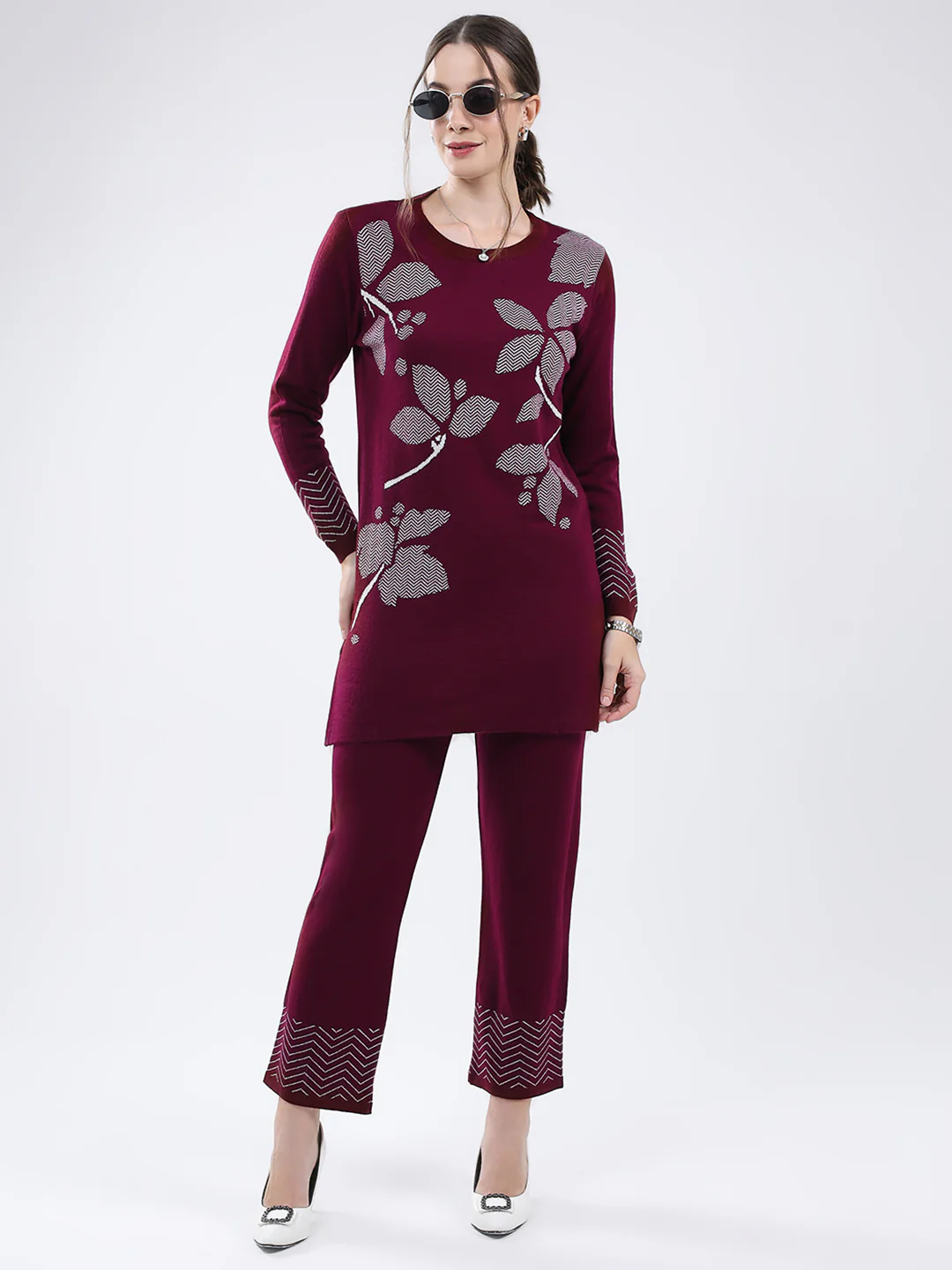 Women Burgundy Self Design Round Neck Full Sleeve Cords Set - Image 2