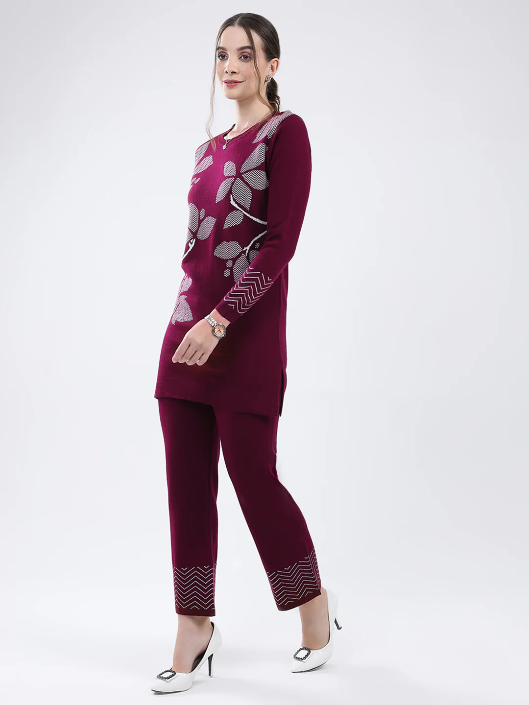 Women Burgundy Self Design Round Neck Full Sleeve Cords Set - Image 3