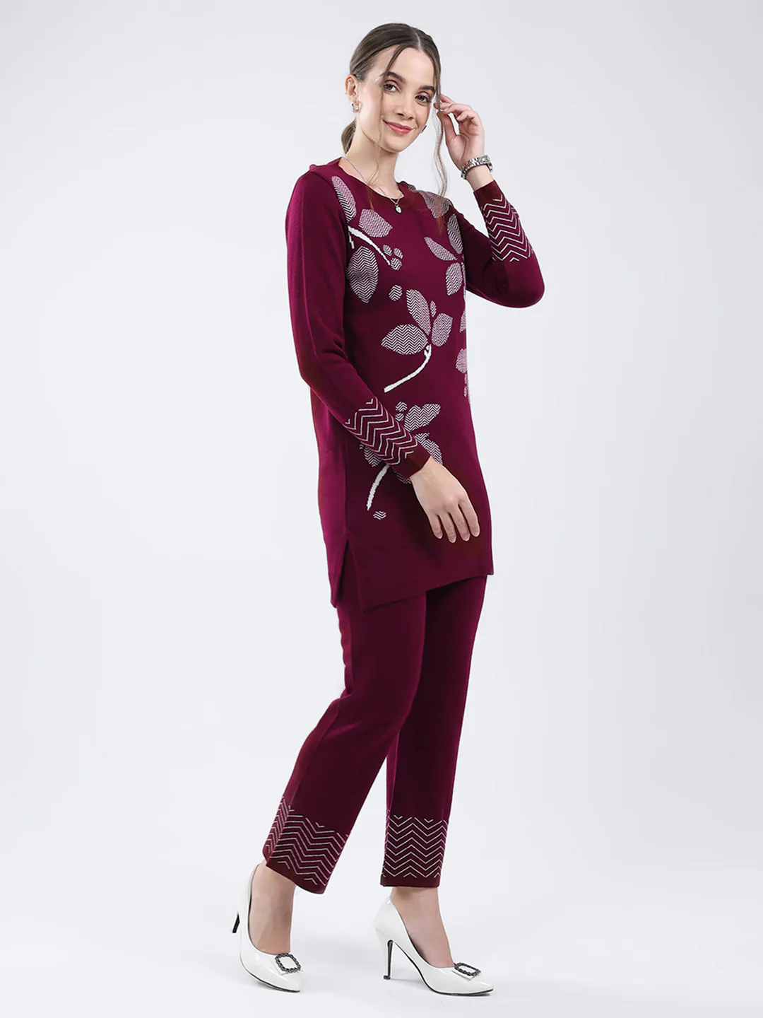 Women Burgundy Self Design Round Neck Full Sleeve Cords Set - Image 4