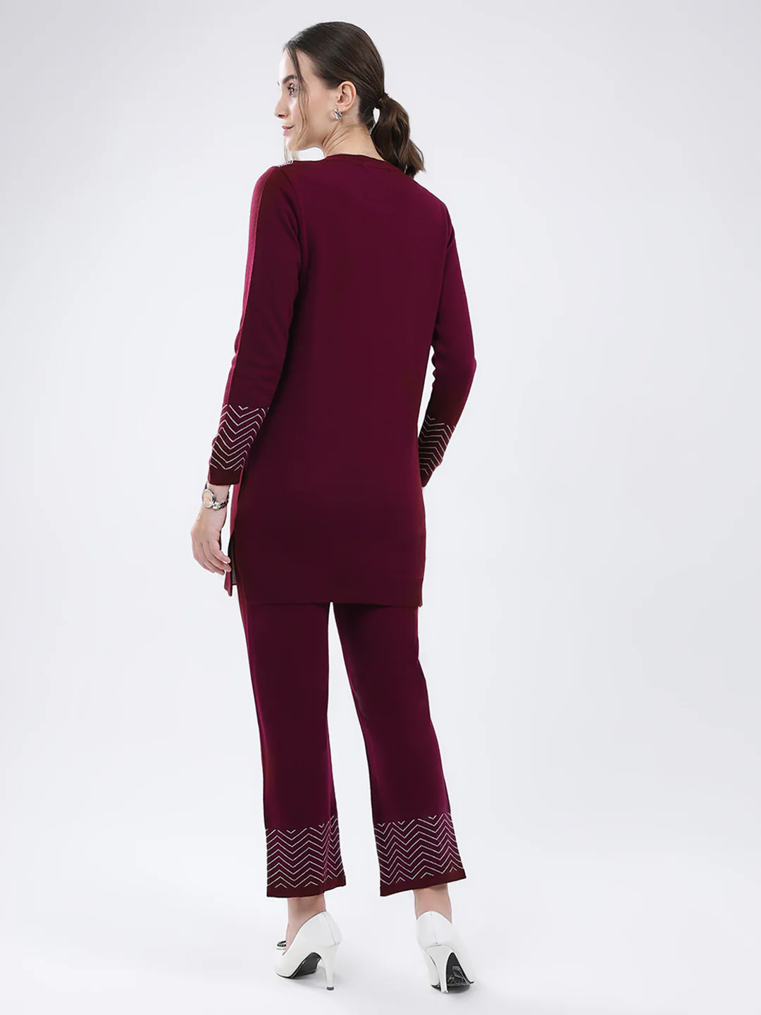 Women Burgundy Self Design Round Neck Full Sleeve Cords Set - Image 5
