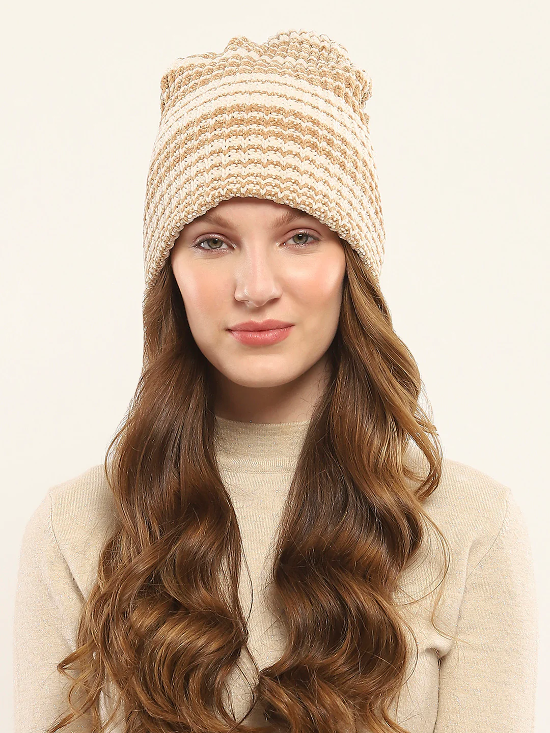 Women Camel Brown Self Design Cap