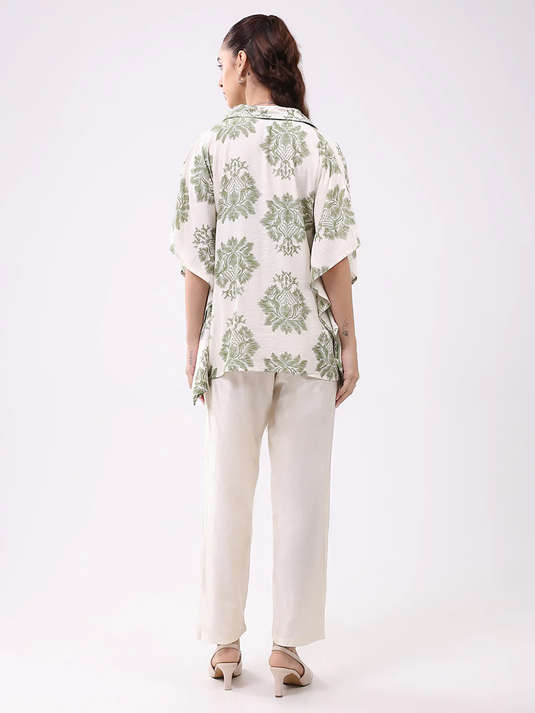 Women Cream Printed Collar 3/4th Sleeve Cords Set - Image 5