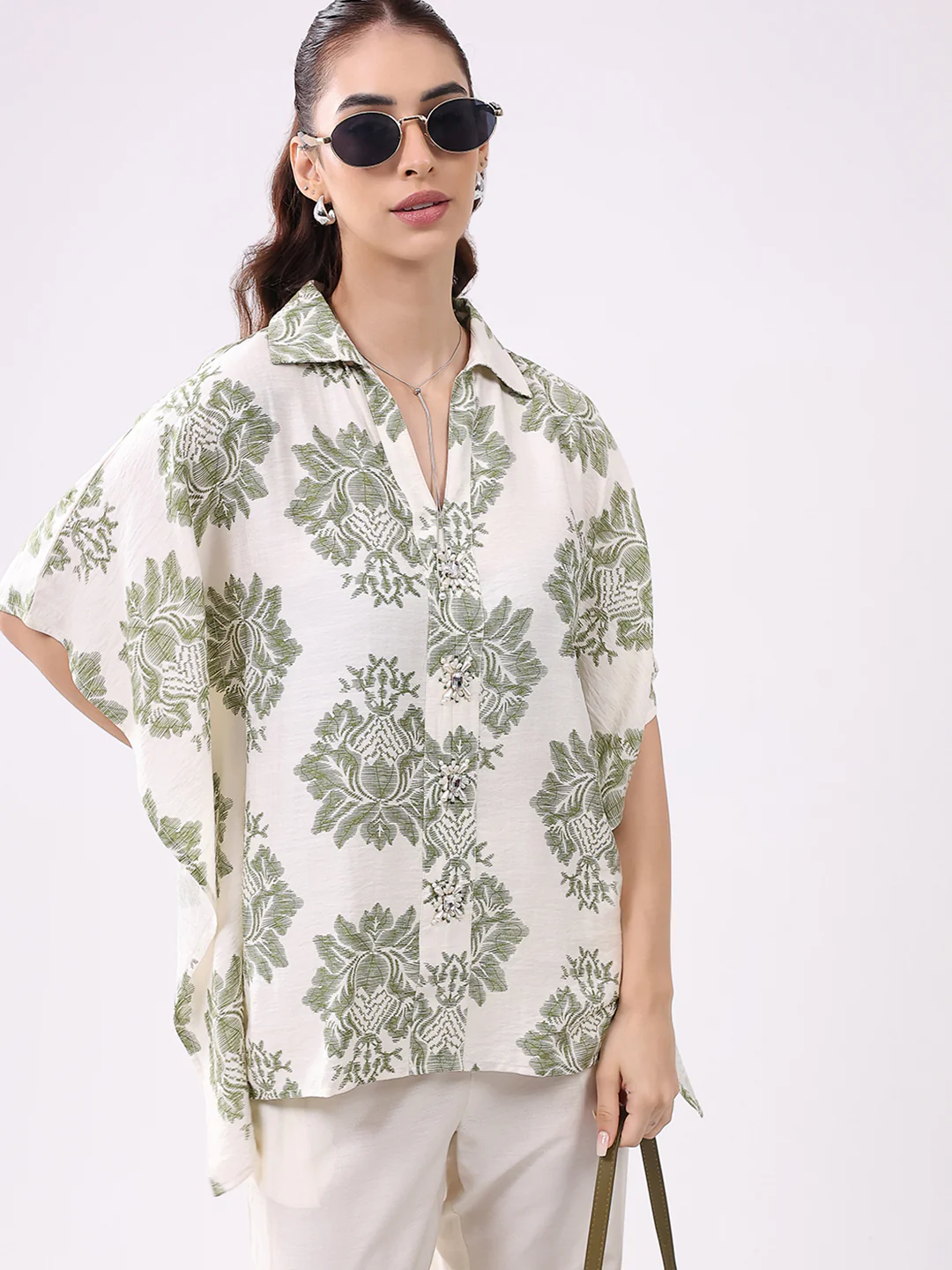Women Cream Printed Collar 3/4th Sleeve Cords Set - Image 6