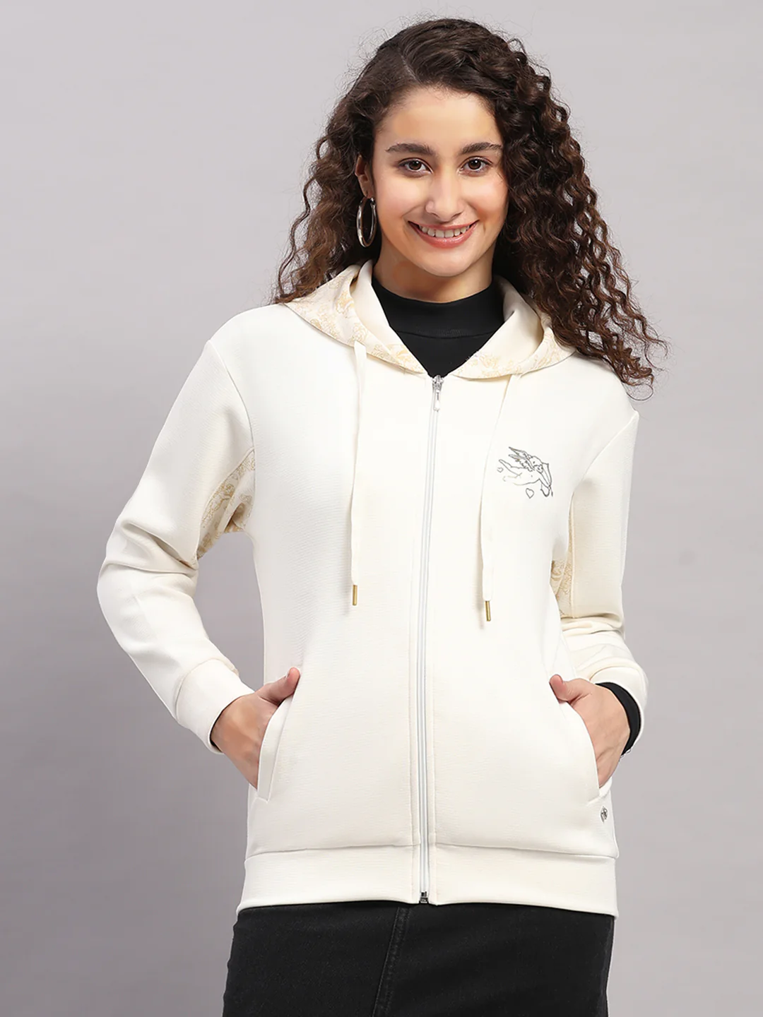 Women Cream Printed Hooded Full Sleeve Sweatshirt