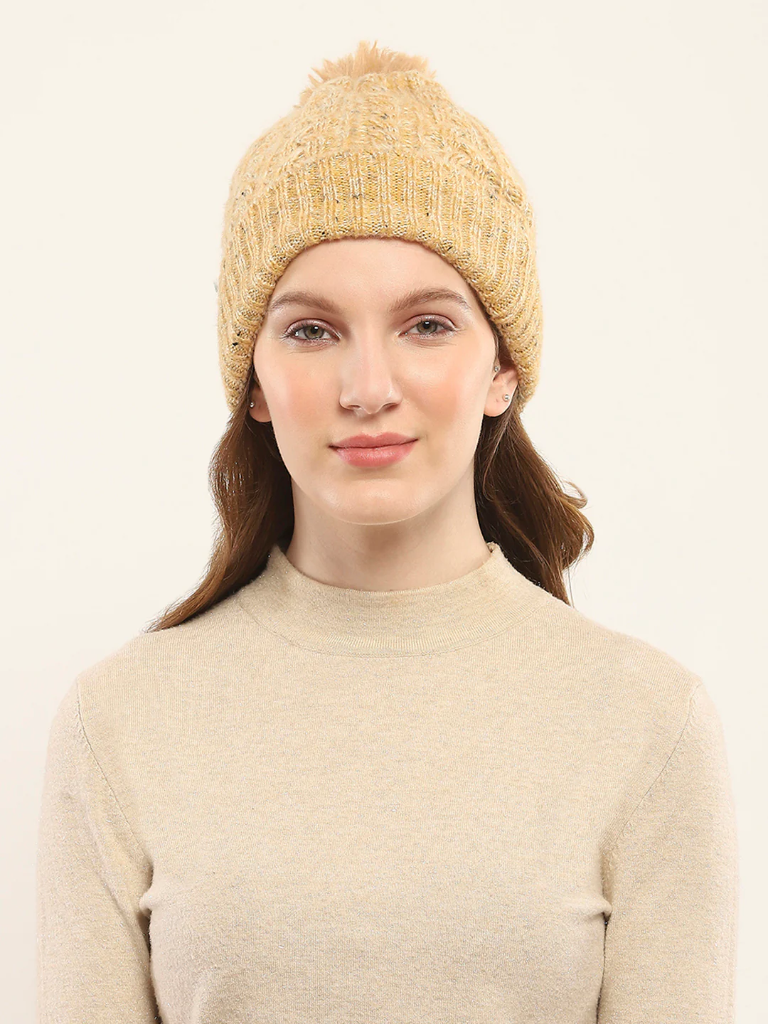 Women Cream Self Design Cap