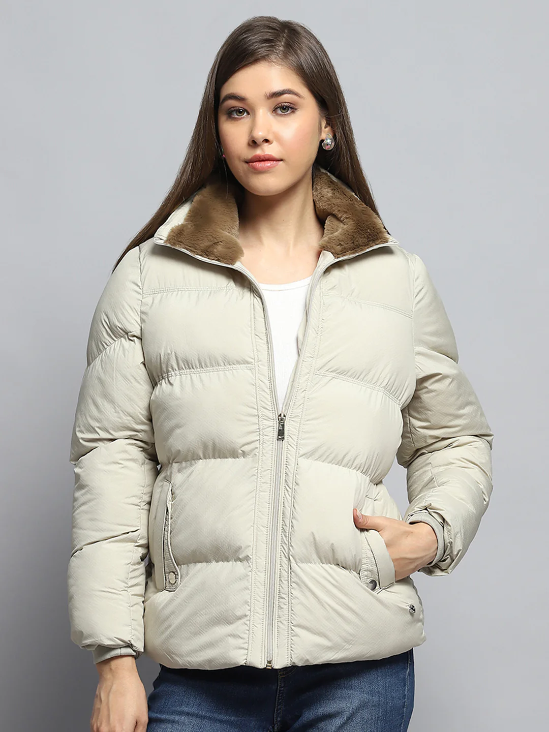 Women Cream Self Design Collar Full Sleeve Jacket