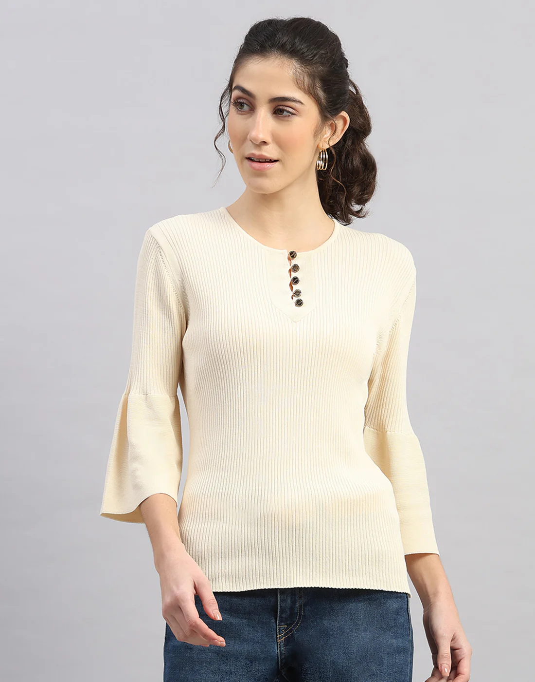 Women Cream Self Design Round Neck Full Sleeve Winter Top