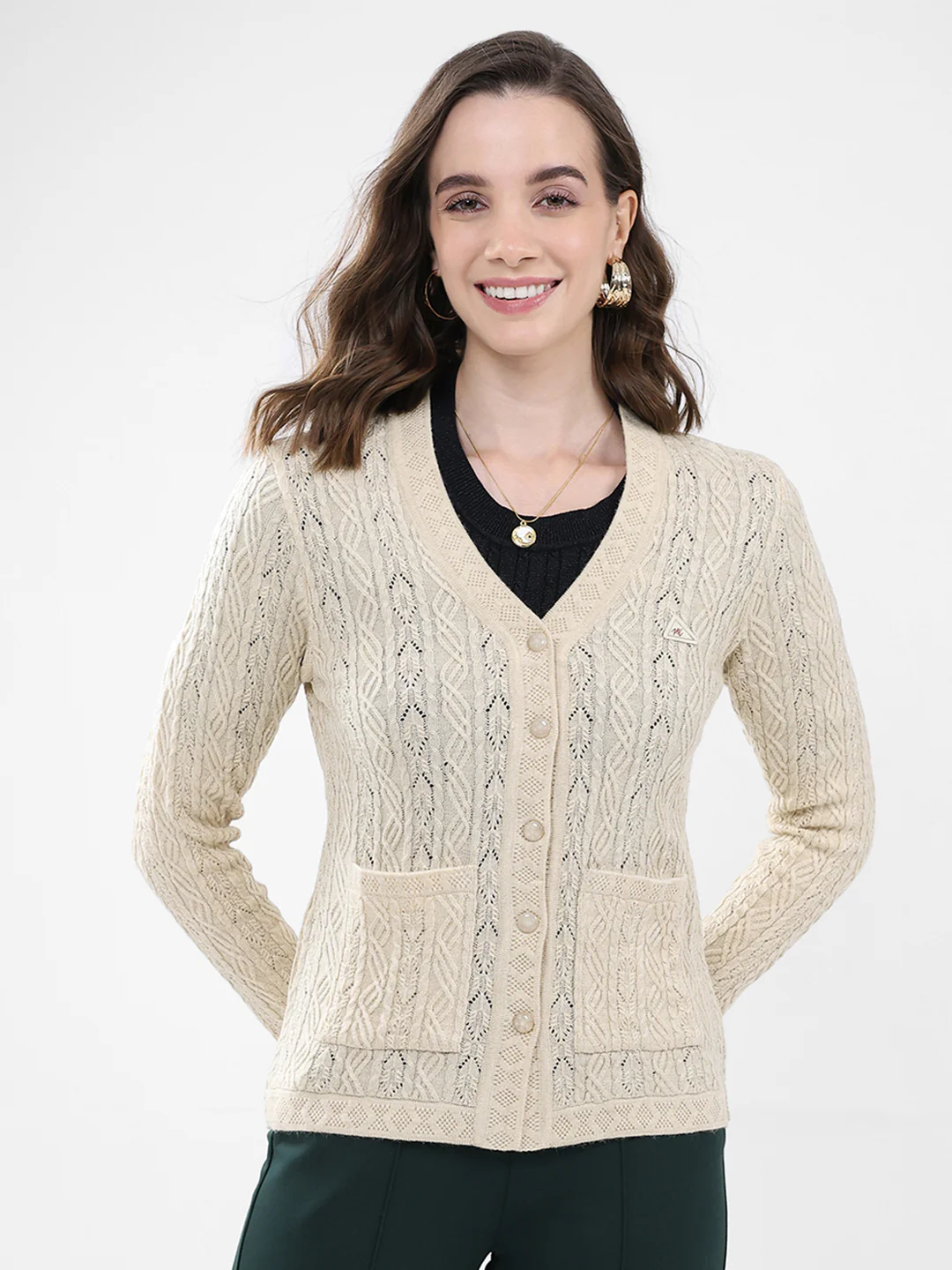 Women Cream Self Design V Neck Full Sleeve Cardigan