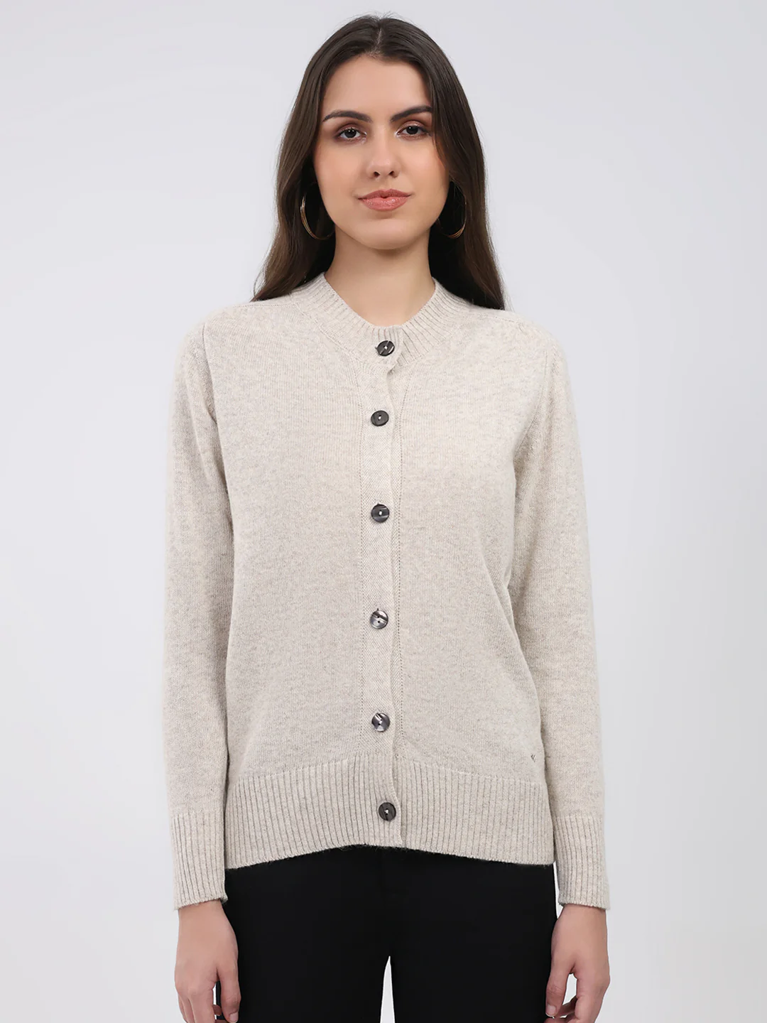 Women Cream Solid Round Neck Full Sleeve Cardigan