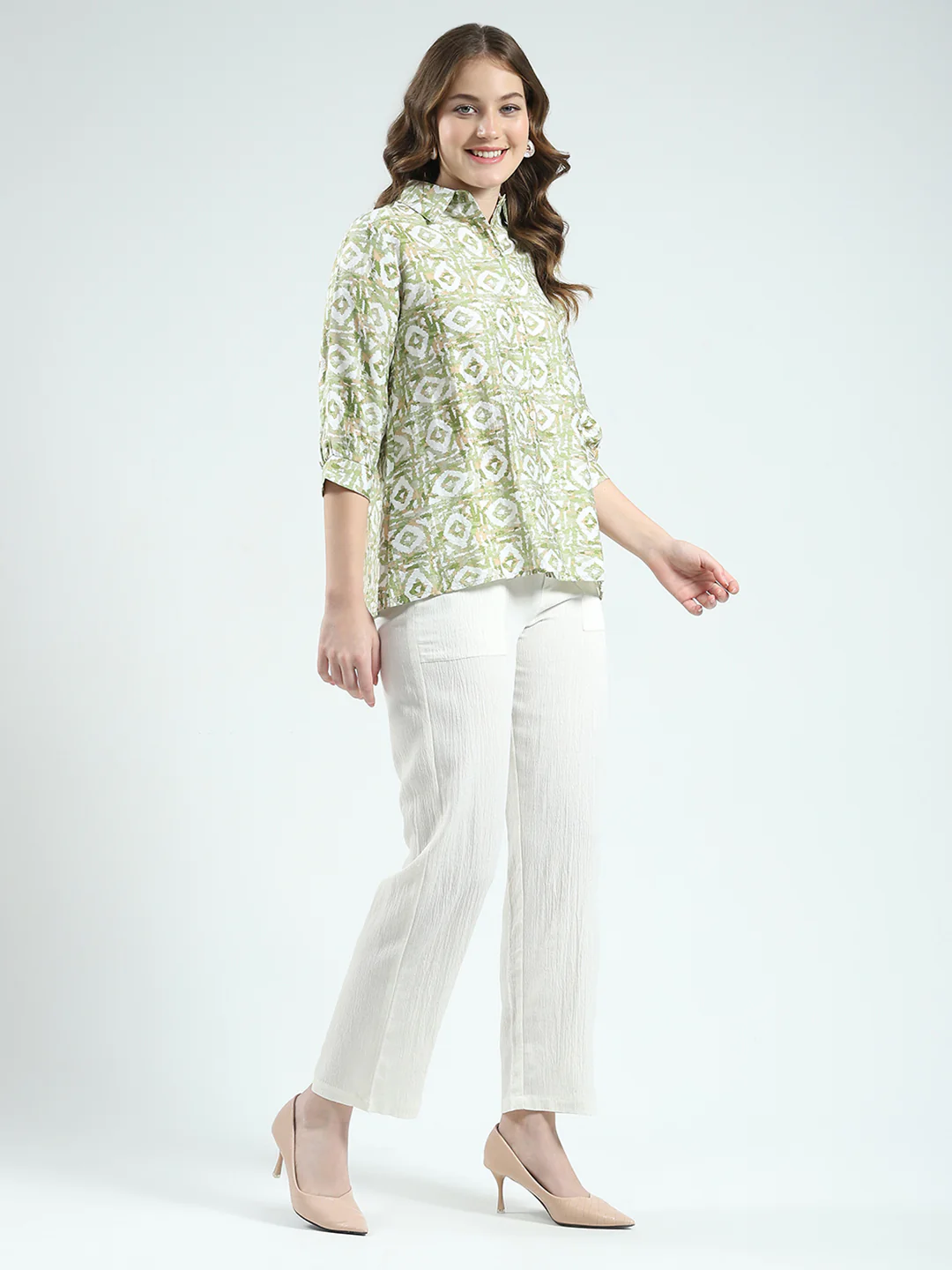 Women Green Printed Collar 3/4th Sleeve Cords Set - Image 4