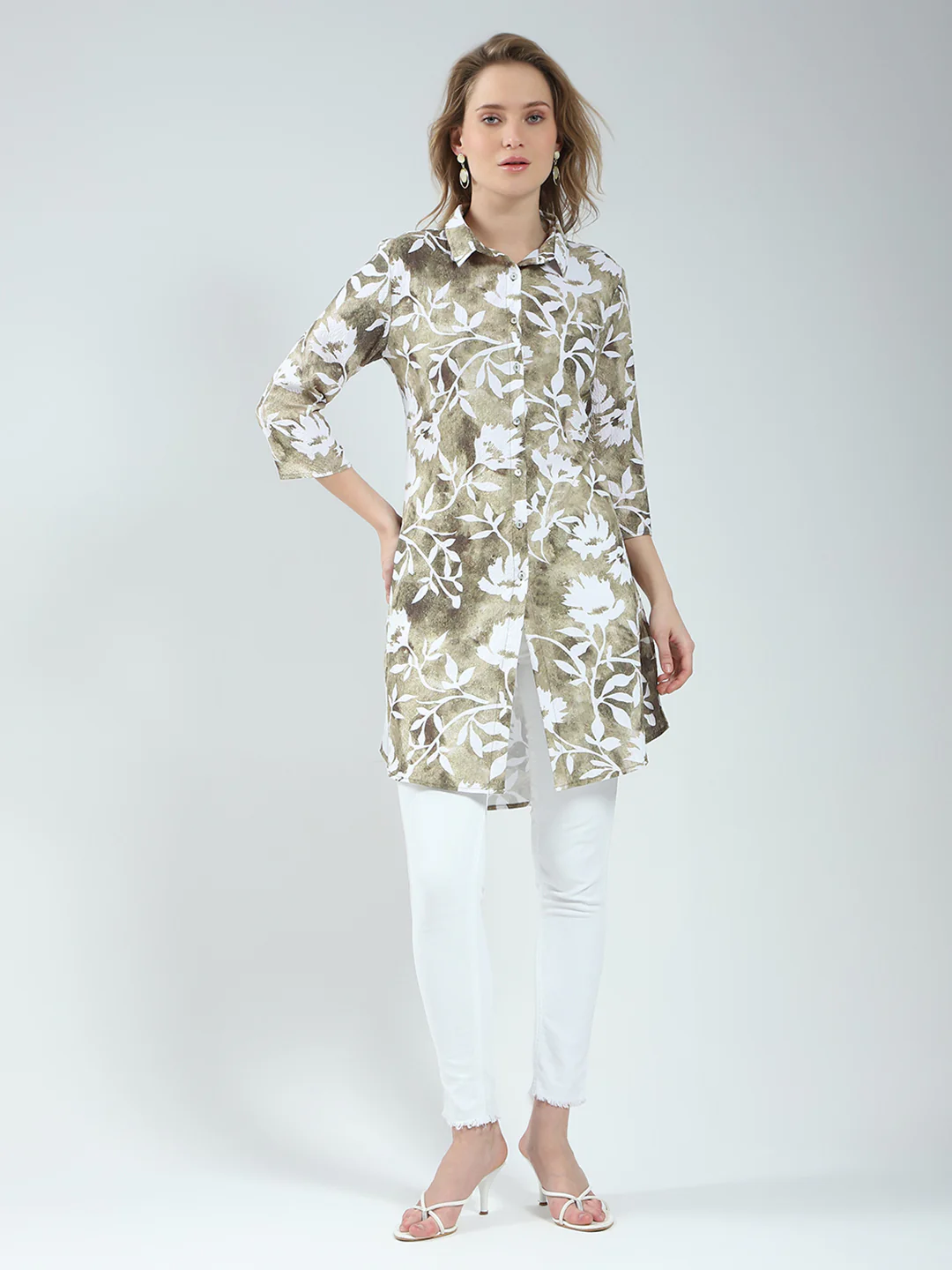 Women Green Printed Collar 3/4th Sleeve Tunic