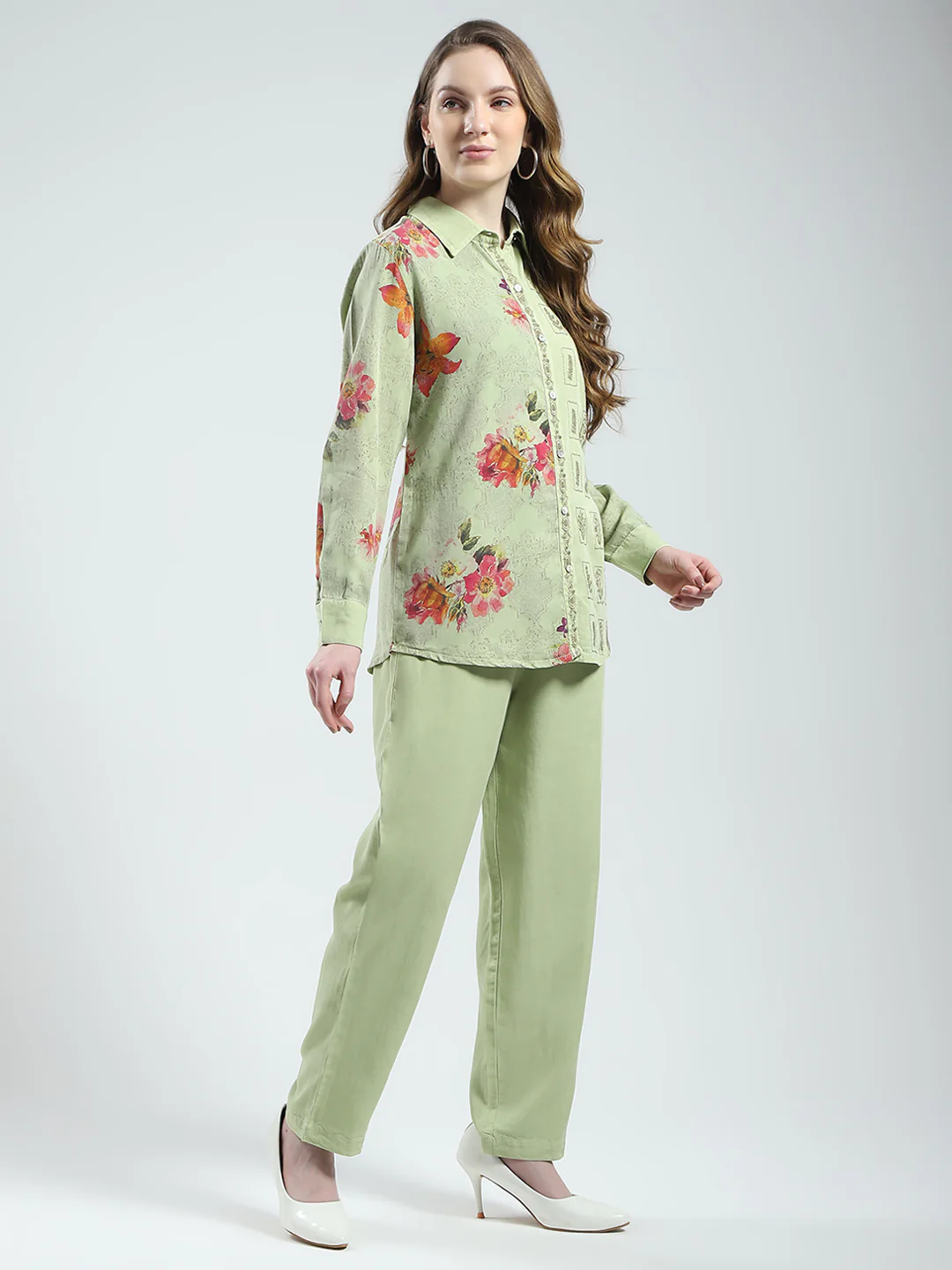 Women Green Printed Collar Full Sleeve Cords Set - Image 4