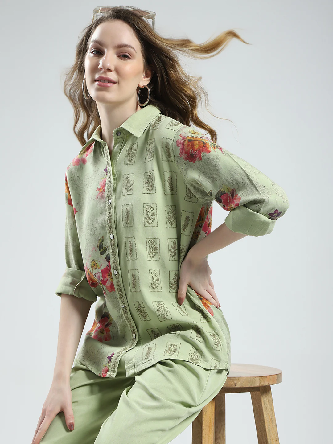 Women Green Printed Collar Full Sleeve Cords Set - Image 6