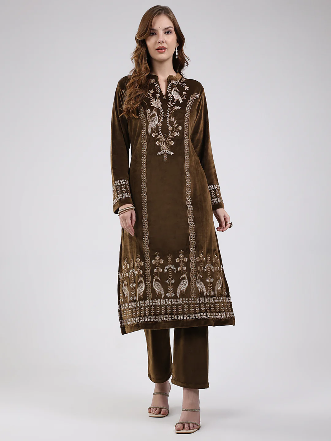 Women Brown Printed Round Neck Full Sleeve Kurti Set for Winter