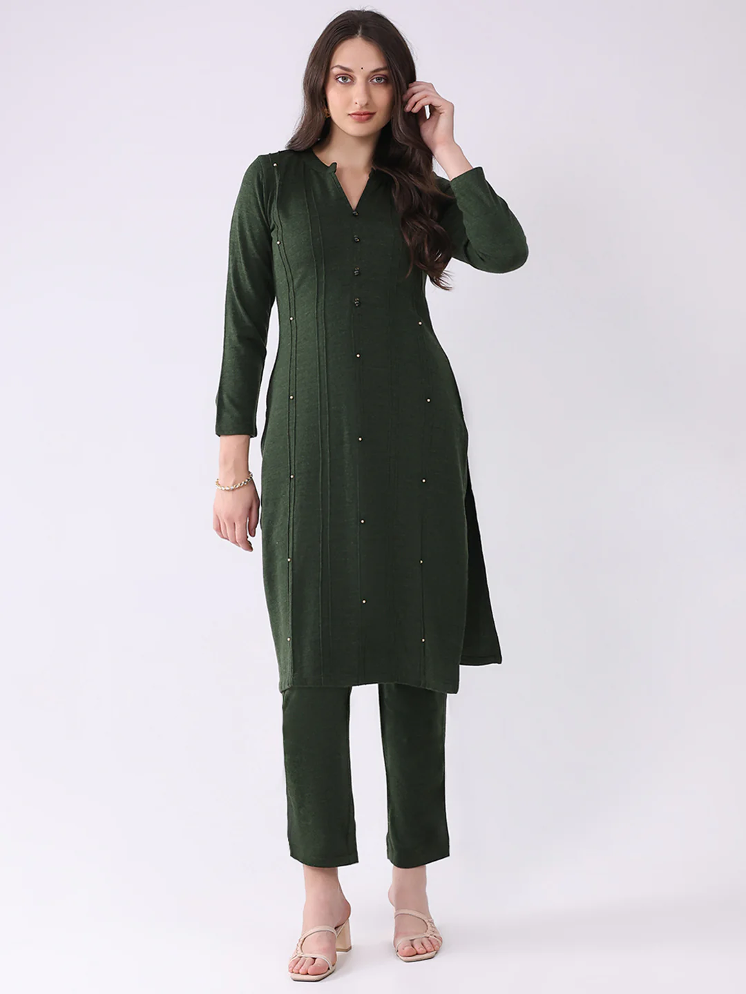 Women Green Printed Round Neck Full Sleeve Kurti Set for Winter