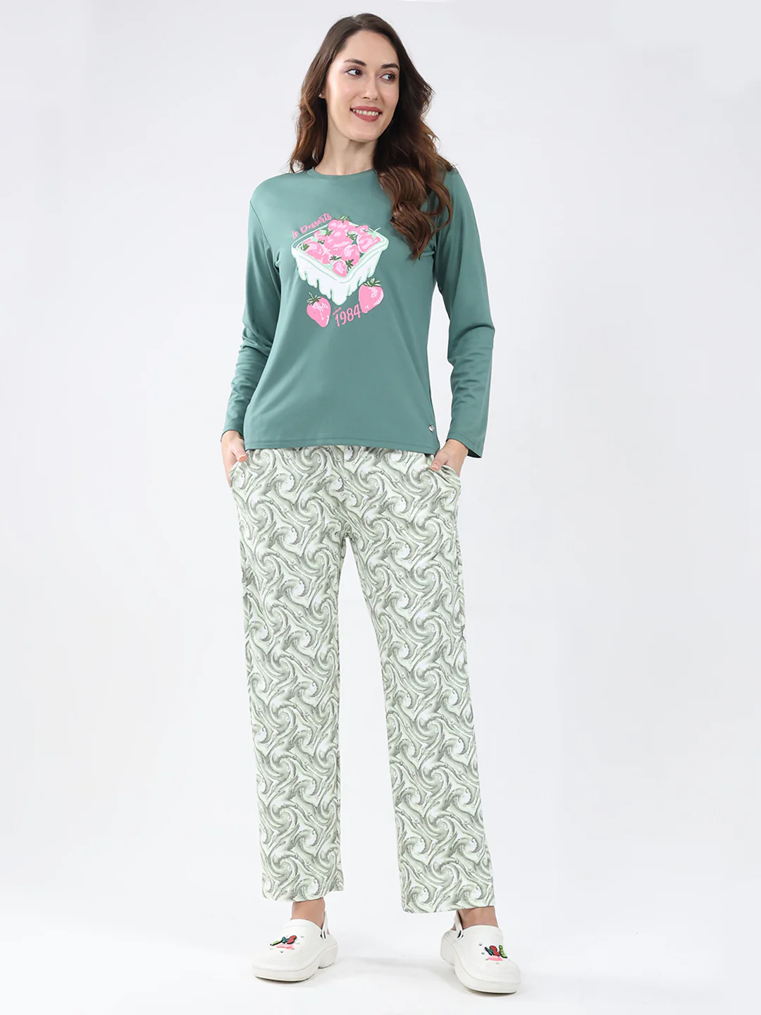 Women Green Printed Round Neck Full Sleeve Lower Set