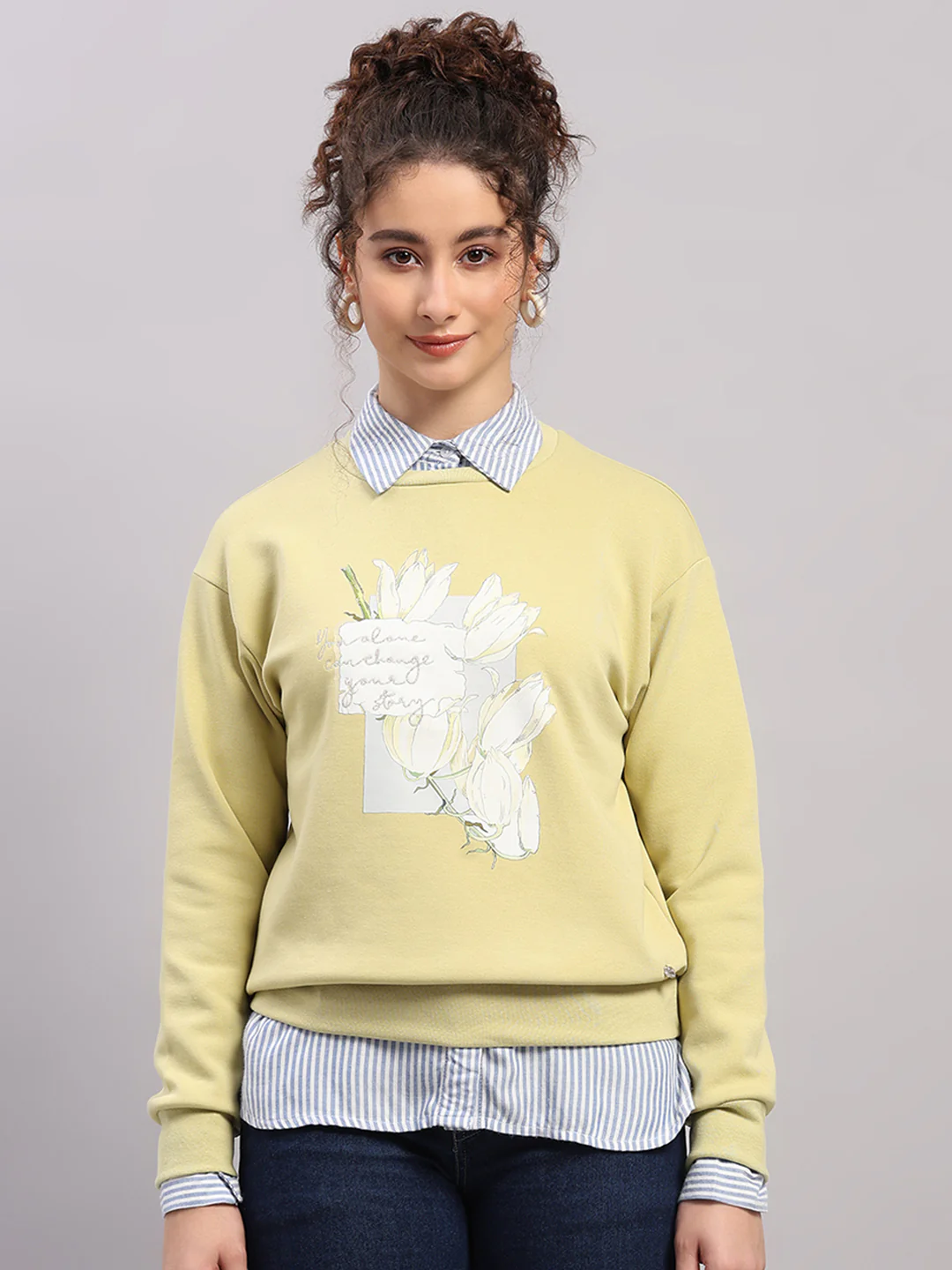 Women Green Printed Round Neck Full Sleeve Sweatshirt